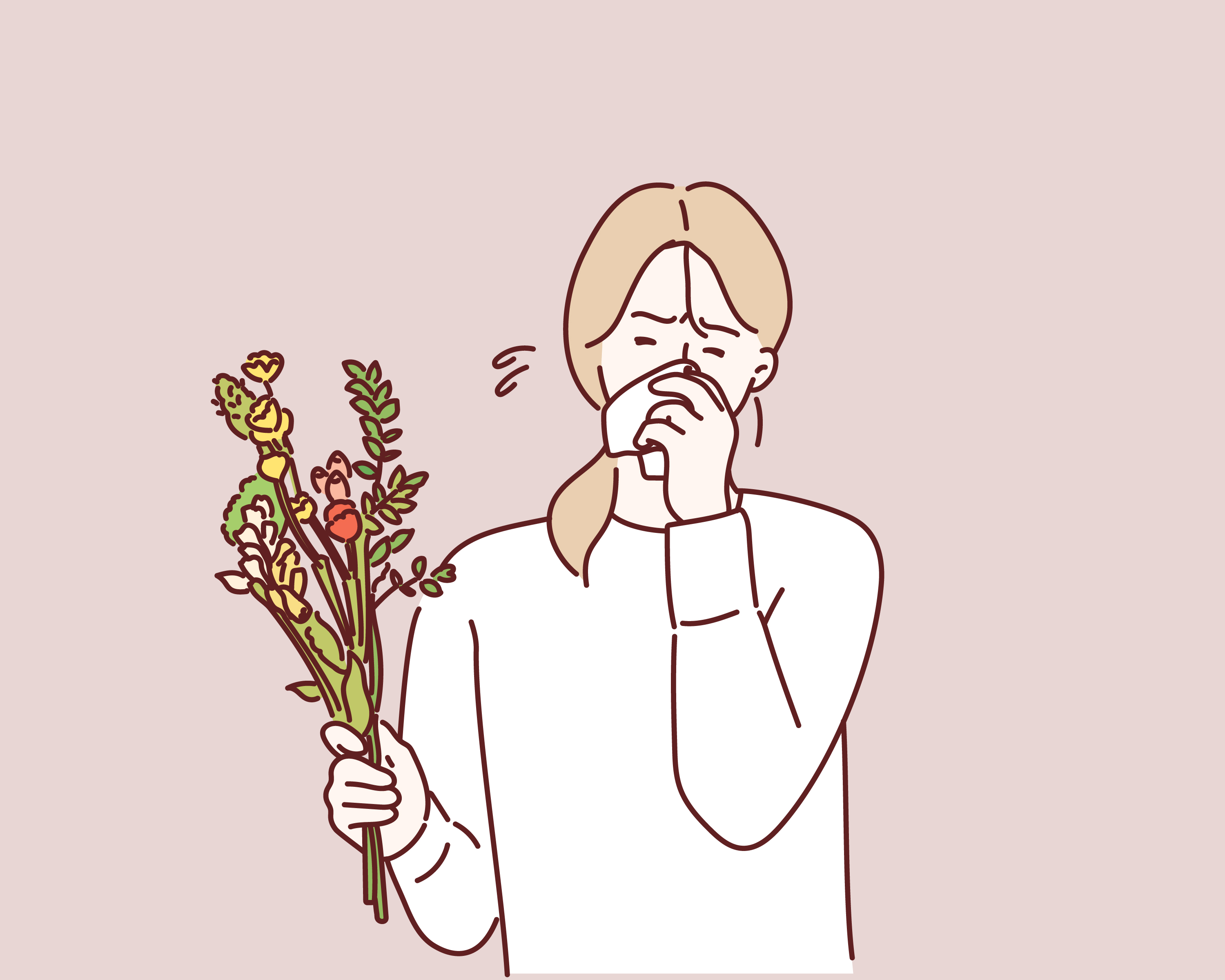 Desenho de mulher a tossir com flores nas mãos